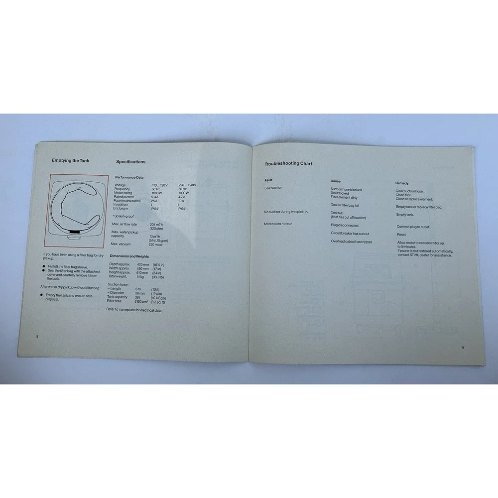 Stihl SE 100 Vacuum Cleaner Sweeper Shop Vac Instruction Owner's Operator Manual